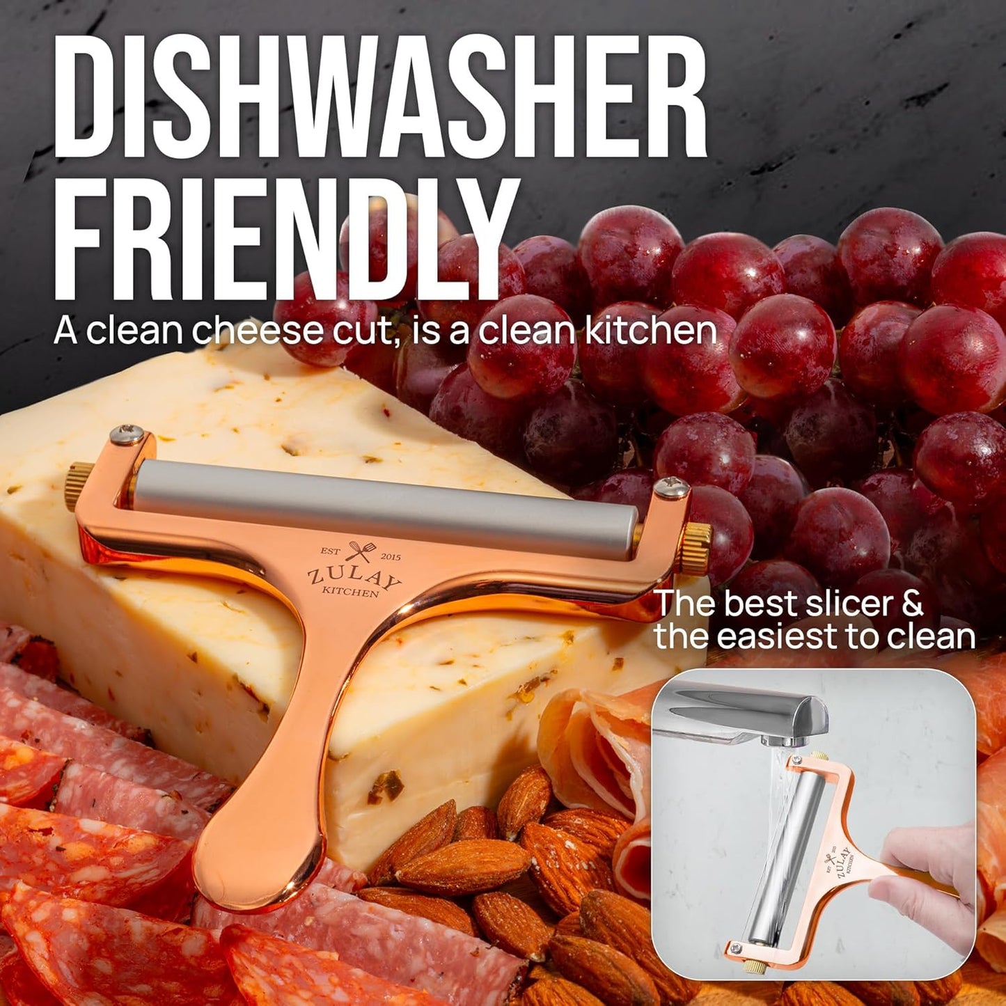 Zulay Kitchen Stainless Steel Wire Cheese Slicer - Adjustable Hand Held Cheese Cutter with 2 Extra Wires - Premium Cheese Shaver For Mozzarella, Cheddar, Gruyere - Cheese Cutter with Wire (Gunmetal)