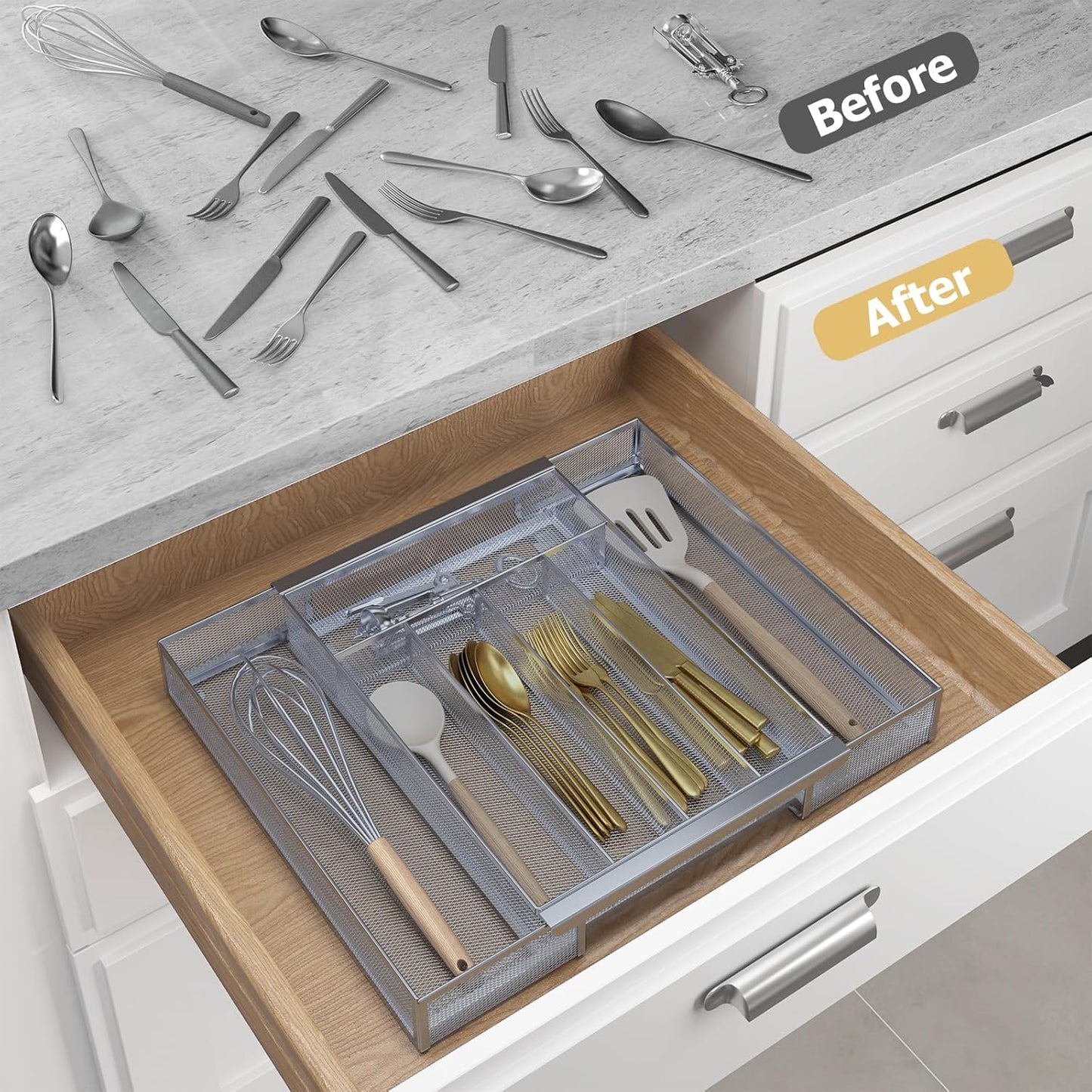 Sedegn Silverware Organizer Metal Mesh, Large Drawer Organizer, Utensil Cutlery Tray for kitchen drawers, Flatware Organizer with 6 Compartment, Black (11.3”*16“)
