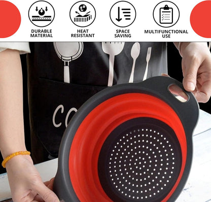 Green Kitchen Strainer Colander Set - 2 PCS Multifunctional Colander Silicone Food Strainers for Kitchen for Pasta and Spaghetti Collapsible with Plastic Handles