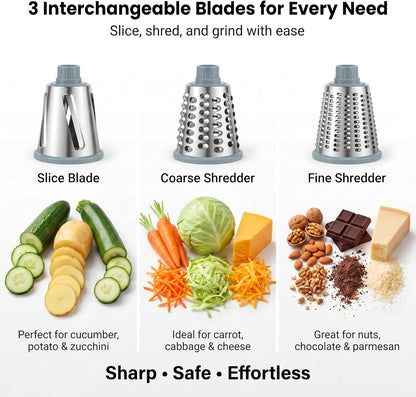 Rotary Cheese Grater Hand Crank, Cheese Shredder Stainless Steel with 3 Interchangeable Blades, Manual Food Grater and Shredder, Potato Shredder, Vegetable Cutter, Countertop Suction Base