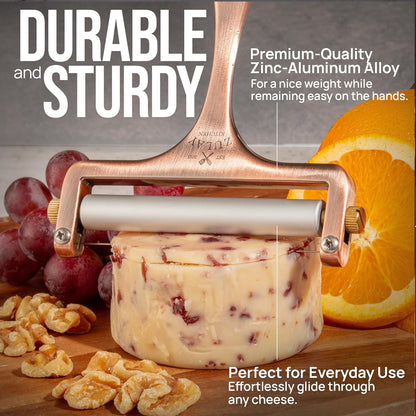 Zulay Kitchen Stainless Steel Wire Cheese Slicer - Adjustable Hand Held Cheese Cutter with 2 Extra Wires - Premium Cheese Shaver For Mozzarella, Cheddar, Gruyere - Cheese Cutter with Wire (Gunmetal)
