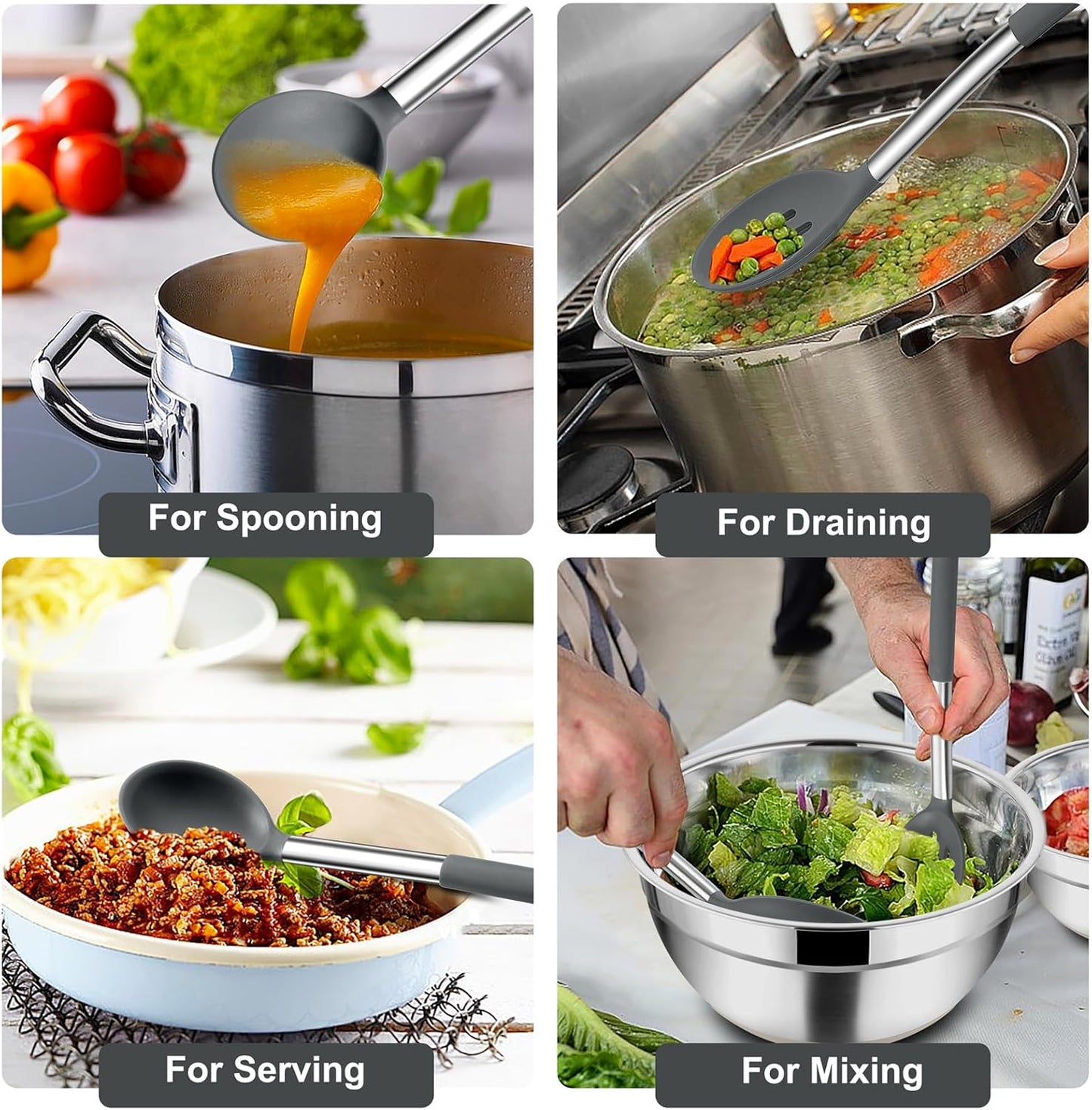 TeamFar Kitchen Utensils, 4 PCS Silicone Cooking Utensils Spatula Spoon Set with Stainless Steel Handle, for Frying Mixing Draining Turning, Healthy & Heat-proof, Non-stick & Dishwasher Safe - Black