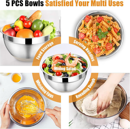P&P CHEF Mixing Bowl with Lid Set, 5 Piece Stainless Steel Mixing Nesting Bowls for Salad Storage, 3 Grater Attachments & Non-Slip Bottoms, Size 1/1.5/2 / 2.6/4.6 QT, Multicolor