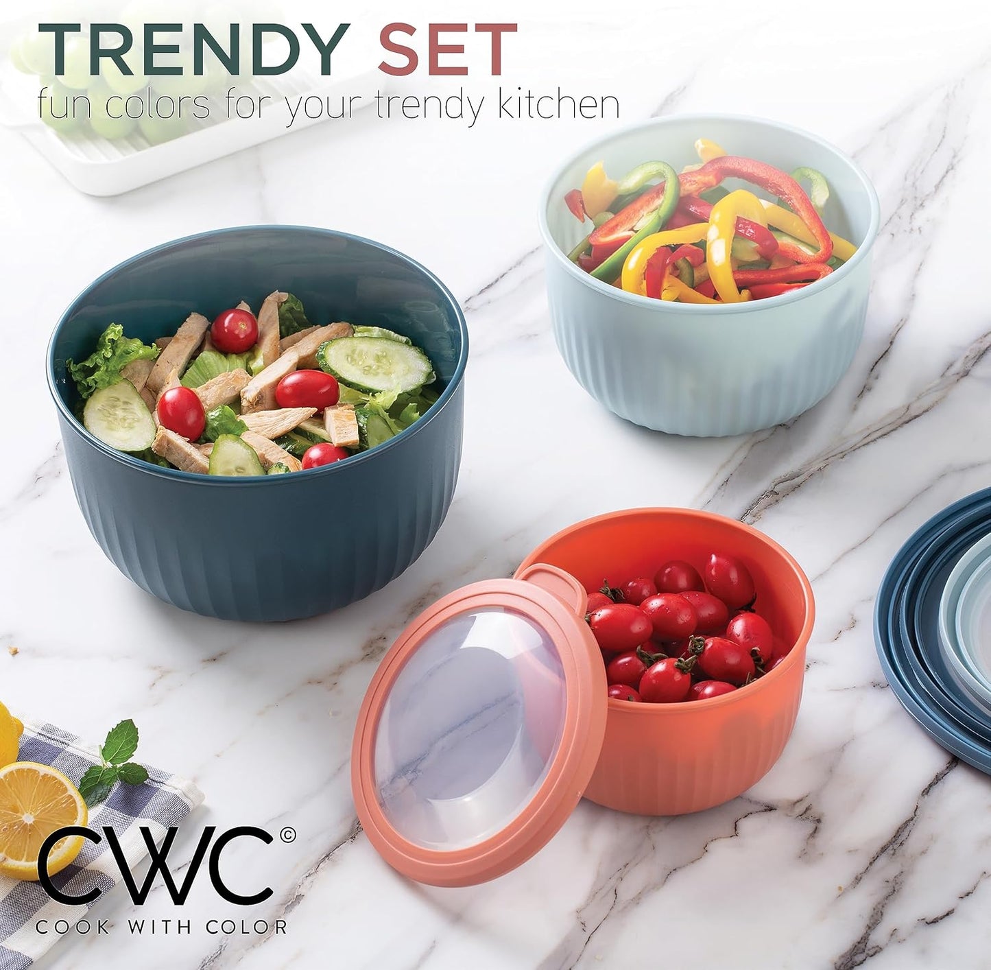 COOK WITH COLOR Prep Bowls with Lids- Wide and Deep Nesting Plastic Small Mixing Bowl Set with Lids, 8 Piece Set - Wide Bowls, Blue