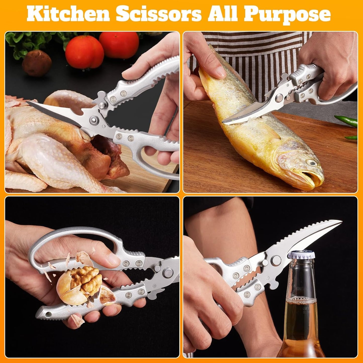 Heavy Duty Kitchen Scissors, Poultry Shears for Meat, Chicken, Bone, Turkey, Fish. Multi-Purpose Kitchen Shears With Anti-Slip Handle, Spring Loaded, Dishwasher Safe
