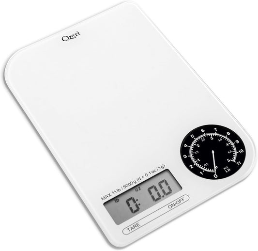 Ozeri ZK18-WB Rev Digital Kitchen Scale with Electro-Mechanical Weight Dial, Black Dial