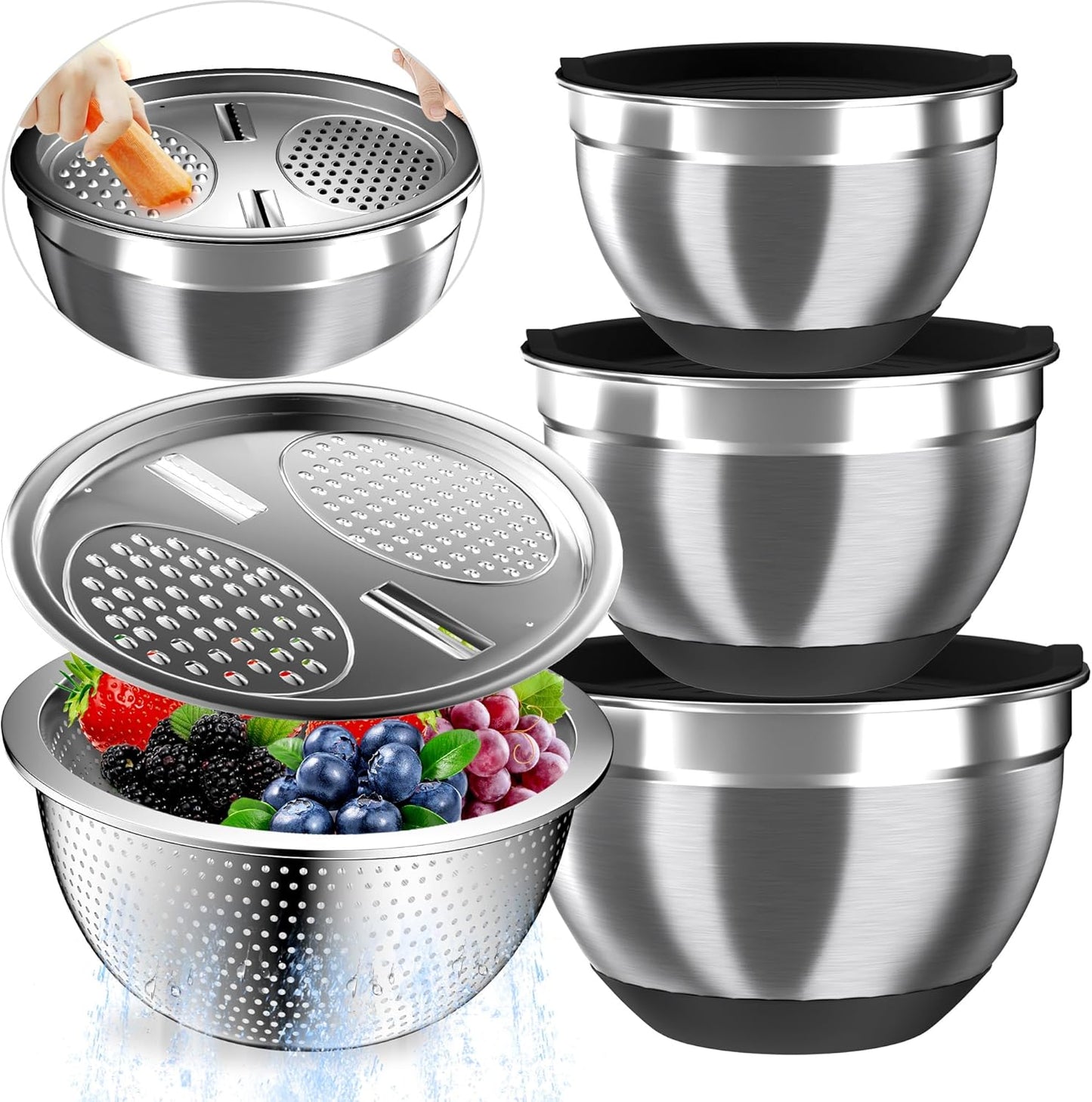 Nicdiet Mixing Bowls with Airtight Lids, Stainless Steel Mixing Bowl Set with 3 Metal Nesting Bowls, Colander & Grater, Non-Slip Bottoms, Size 1.5, 2.5, 5 QT, Great for Mixing & Serving, Khaki