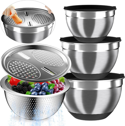 Nicdiet Mixing Bowls with Airtight Lids, Stainless Steel Mixing Bowl Set with 3 Metal Nesting Bowls, Colander & Grater, Non-Slip Bottoms, Size 1.5, 2.5, 5 QT, Great for Mixing & Serving, Khaki