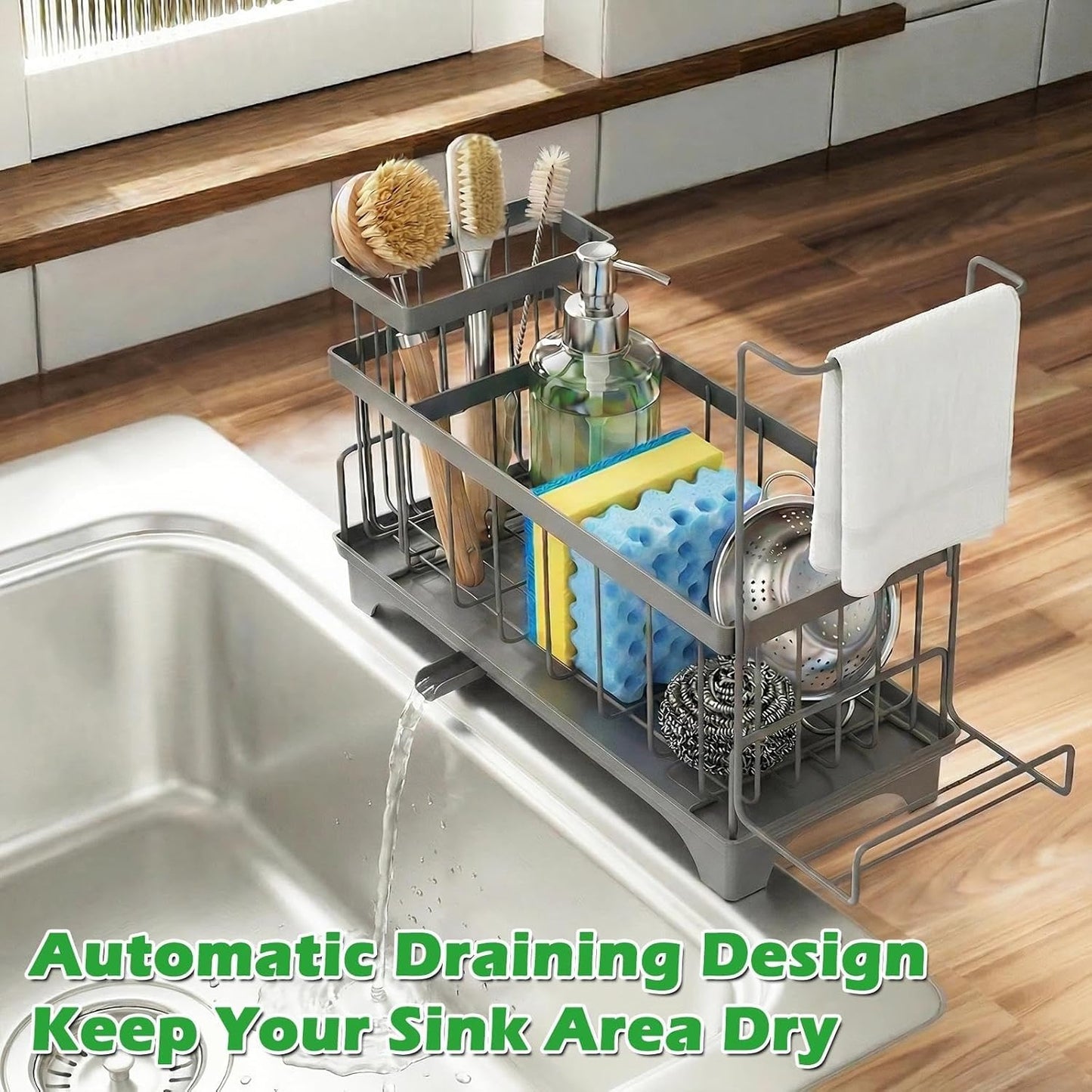 Sponge Holder for Kitchen Sink, Sink Caddy Organizer with Detachable Cloth & Brush Holder, Self-Draining Sponge Caddy Organizer with 360° Rotatable Spout, Kitchen Countertop Storage Accessories(White)