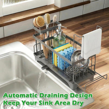 Sponge Holder for Kitchen Sink, Sink Caddy Organizer with Detachable Cloth & Brush Holder, Self-Draining Sponge Caddy Organizer with 360° Rotatable Spout, Kitchen Countertop Storage Accessories(White)