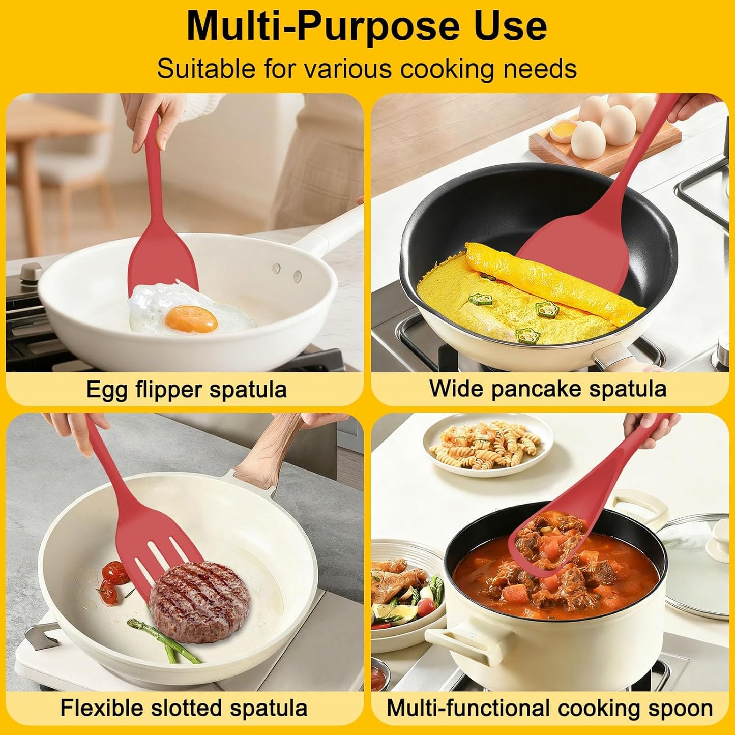 Beijiyi Silicone Spatula Set of 4, 600°F Heat Resistant, BPA Free Kitchen Spatula and Spoons for Nonstick Cookware, Solid & Slotted Turner Cooking Utensils for Serving, Flipping Egg, Pancakes (Khaki)