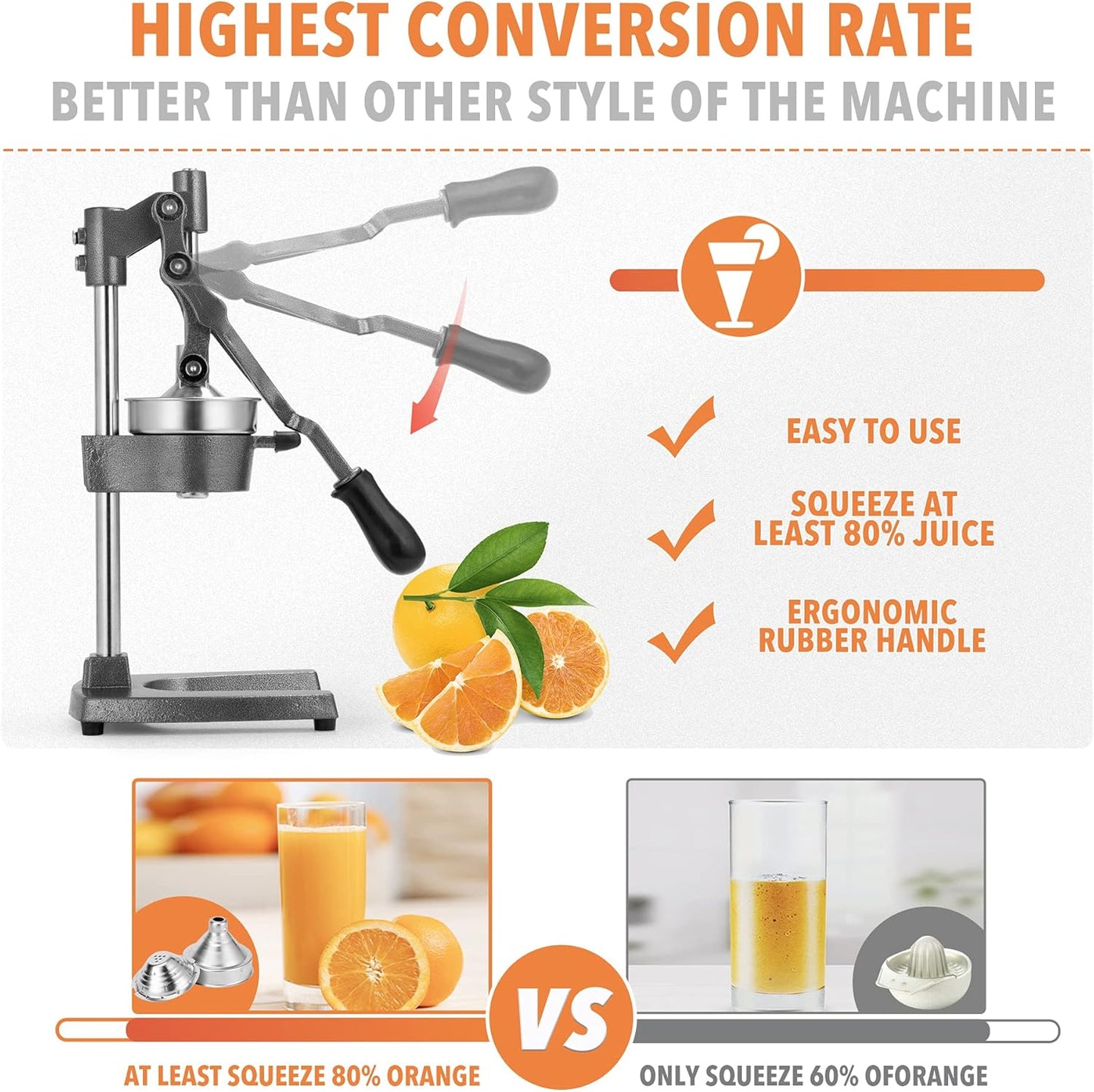 Commercial Heavy Duty Cast Iron Hand Press Manual Orange Citrus Lemon Lime Grapefruit Pomegranate Fruit Juice Squeezer Machine with Stainless Steel Cup