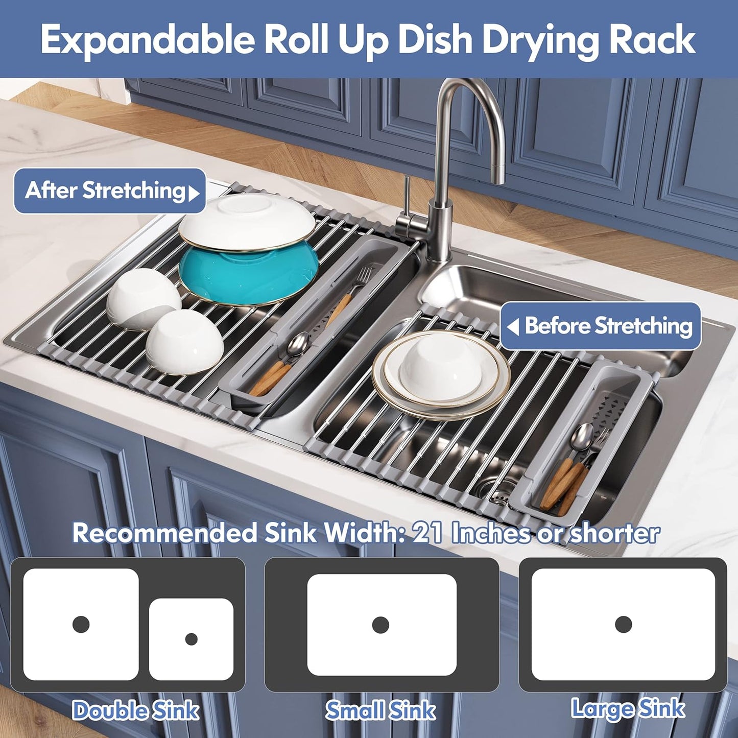 JASIWAY Roll Up Dish Drying Rack, Expandable (12.8"-23.8" D x 12.8" W) Stainless Steel Portable Drainer for Kitchen Sink Counter, Foldable Over The Sink Cover with Removable Utensil Holder