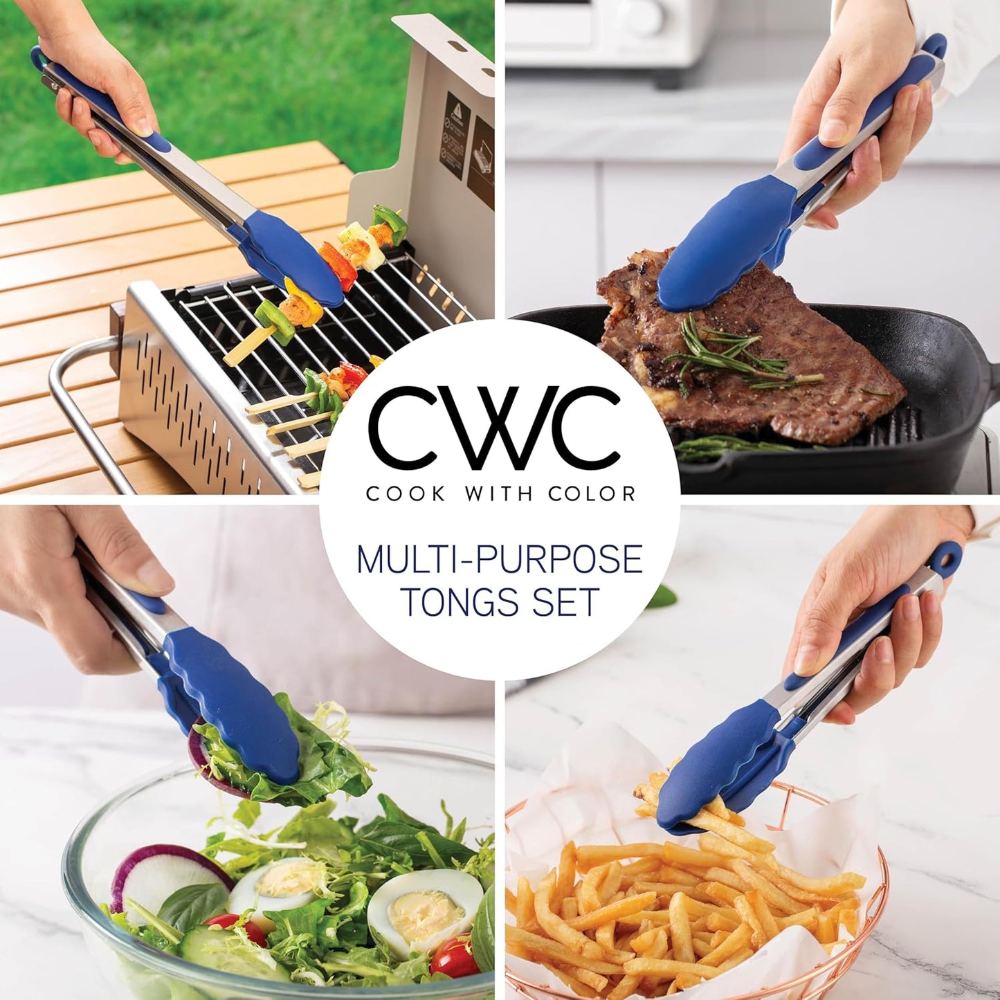 COOK WITH COLOR Stainless Steel Silicone Tipped Kitchen & BBQ Tongs Set, 3 Pc Utensils, Grey