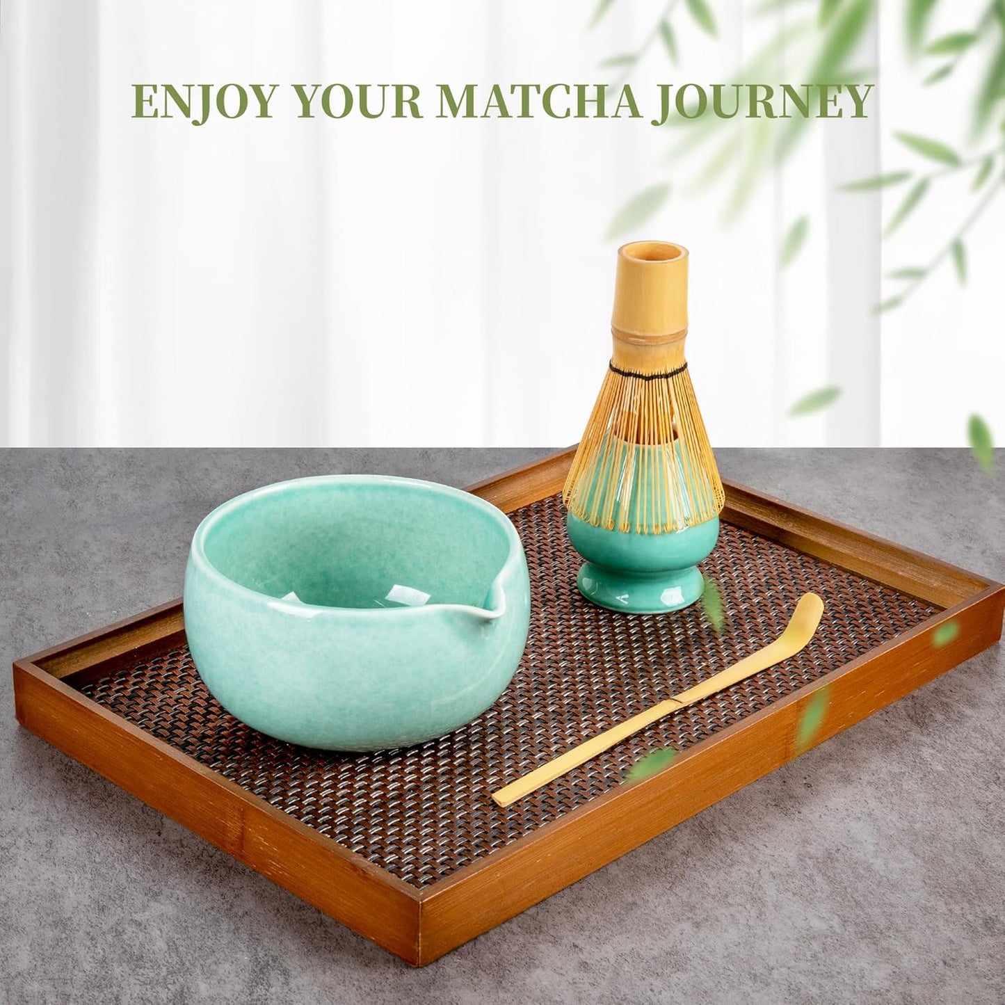 YIBO Matcha Whisk Set With Bowl, Ceramic Matcha Making Kit Includes Bamboo Whisk (Chasen), Holder Stand, Powder Starter Sifter, Scoop, Measuring Spoon & Cup Tea Tools For Ceremony (Mottled Green)