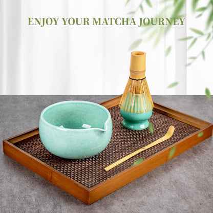 YIBO Matcha Whisk Set With Bowl, Ceramic Matcha Making Kit Includes Bamboo Whisk (Chasen), Holder Stand, Powder Starter Sifter, Scoop, Measuring Spoon & Cup Tea Tools For Ceremony (Mottled Green)