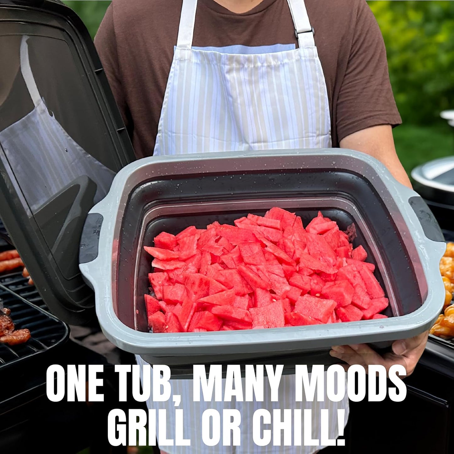 Collapsible Large (8L) BBQ Marinating Tub w/ Cutting Board | Multipurpose Food-Grade TPE Prep Tub w/ Lid | Built-In Colander & Drain Plug - For Camping | Tailgate | Picnic - Slate Black