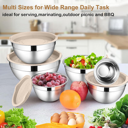 LIANYU Stainless Steel Mixing Bowls Sets of 6, Large 7, 3.5, 2.5, 2, 1.5, 1QT Size with Transparent Airtight Lids, Metal Nesting Serving Bowl Sets for Home Kitchen, Dishwasher & Freezer Safe, Black