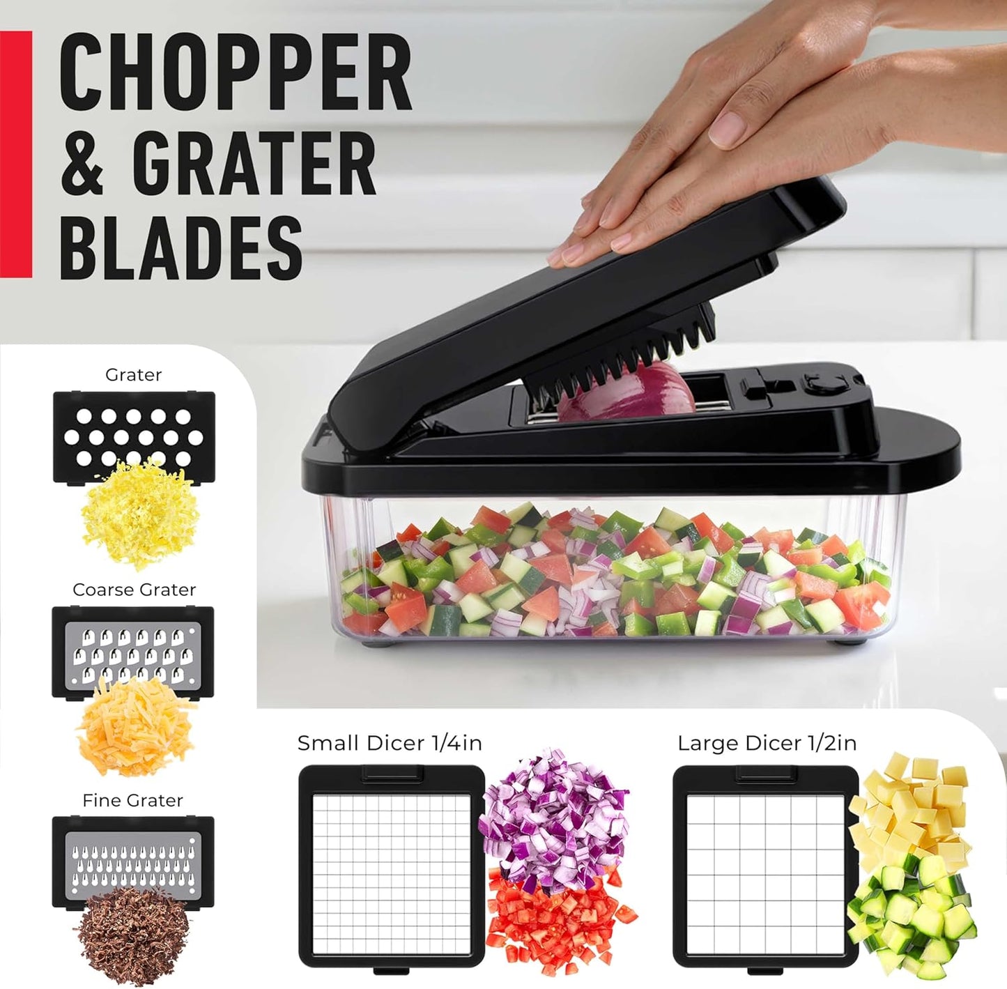 Mueller Pro-Series 10-in-1, 8 Blade Vegetable Chopper, Onion Mincer, Cutter, Dicer, Egg Slicer with Container, French Fry Cutter Potato Slicer, Home Essentials, Salad Chopper White Sand/Green