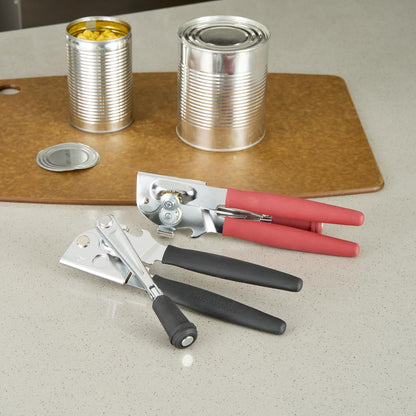 Restaurantware Stainless Steel Magnetic Manual Can Opener - German Standard Red Crank Can Opener with Magnet, Ergonomic Handles, Non-Slip - Heavy-Duty Hand Can Opener, Easy Turn, Sharp Blade