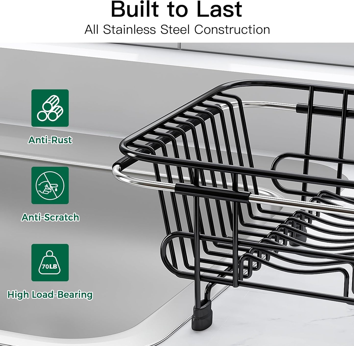JASIWAY Roll Up Dish Drying Rack, Expandable (12.8"-23.8" D x 12.8" W) Stainless Steel Portable Drainer for Kitchen Sink Counter, Foldable Over The Sink Cover with Removable Utensil Holder