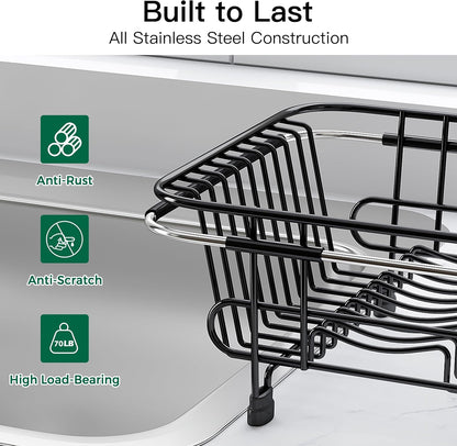 JASIWAY Roll Up Dish Drying Rack, Expandable (12.8"-23.8" D x 12.8" W) Stainless Steel Portable Drainer for Kitchen Sink Counter, Foldable Over The Sink Cover with Removable Utensil Holder