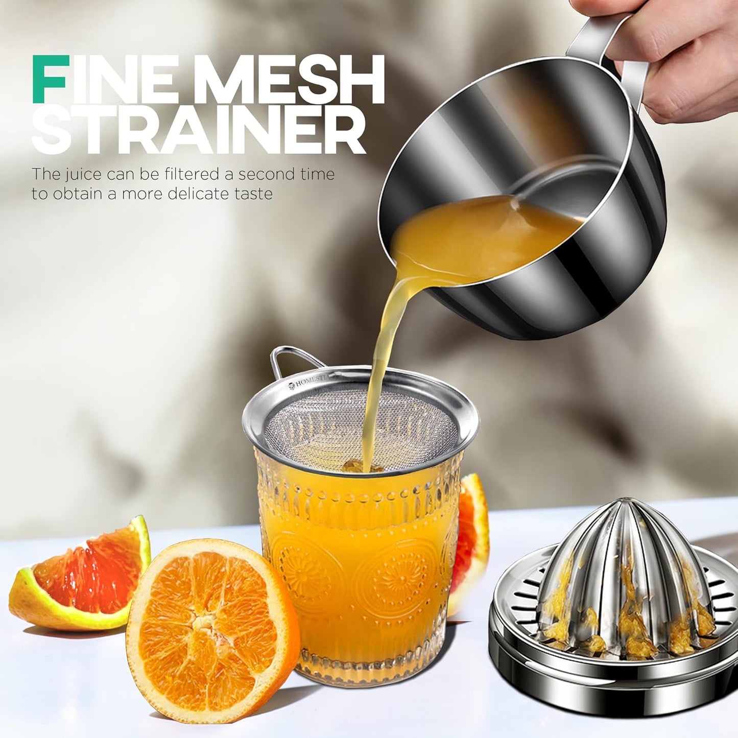 Homestia Stainless Steel Manual Citrus Juicer - Lemon Orange Grapefruit Squeezer with 2 Detachable Cones, 14oz Bowl & Slot Strainer, 304 Heavy Duty Hand Press Juicer for Fresh Juice ﻿