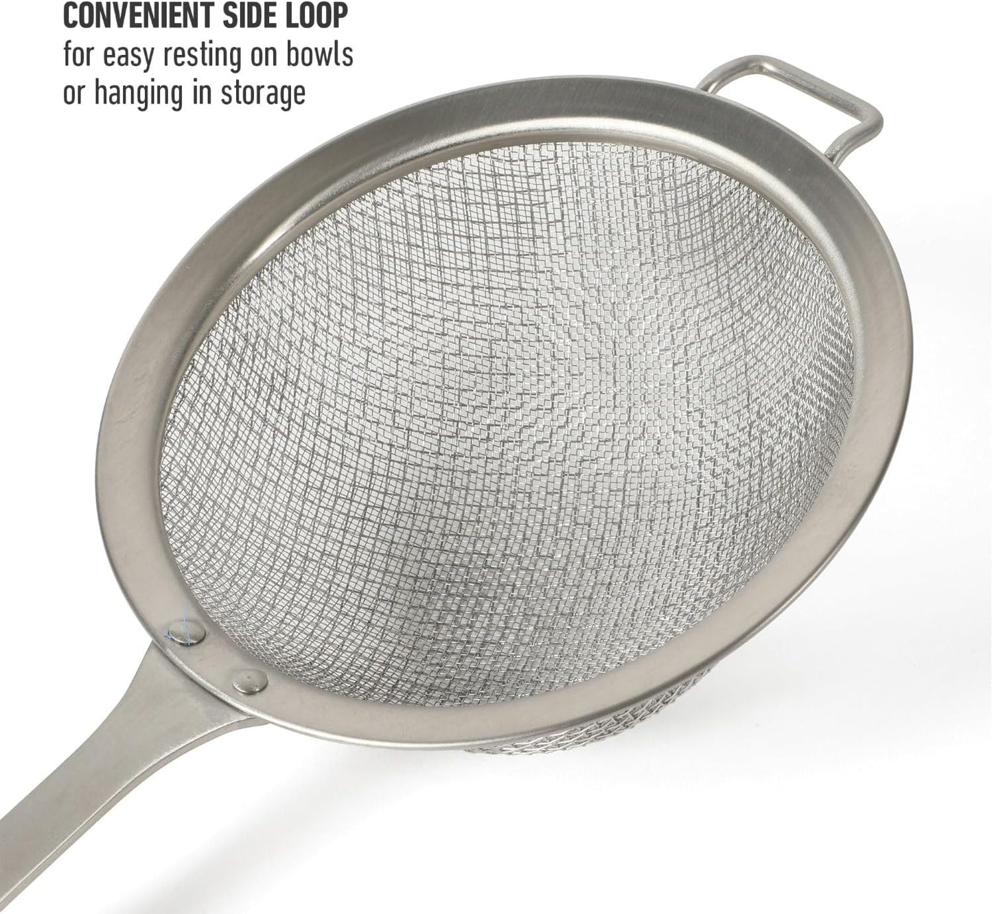 Calphalon Edge Stainless Steel Strainer, Fine Mesh Kitchen Colander Strainer with Thermoplastic Rubber Handle, Sifter for Rinsing, Draining & Straining Food, Navy