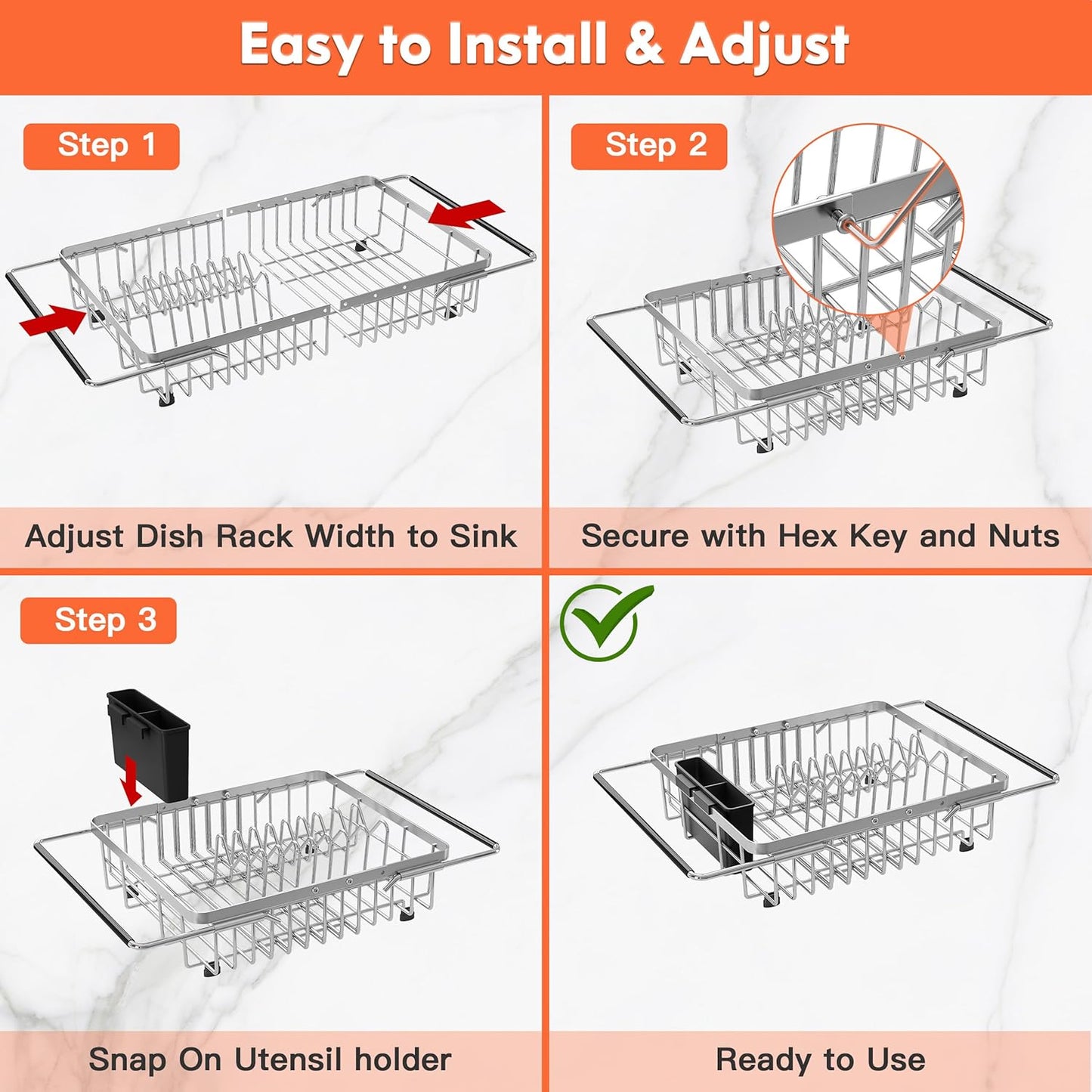 Over the Sink Expandable Dish Drainer Drying Rack In Stainless Steel for Small Kitchen, Counter Space Saving Modern Compact Metal Above Plate Dryer Strainer, Adjustable Hanging Inside Drain Holder