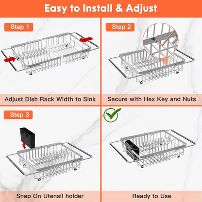 Over the Sink Expandable Dish Drainer Drying Rack In Stainless Steel for Small Kitchen, Counter Space Saving Modern Compact Metal Above Plate Dryer Strainer, Adjustable Hanging Inside Drain Holder