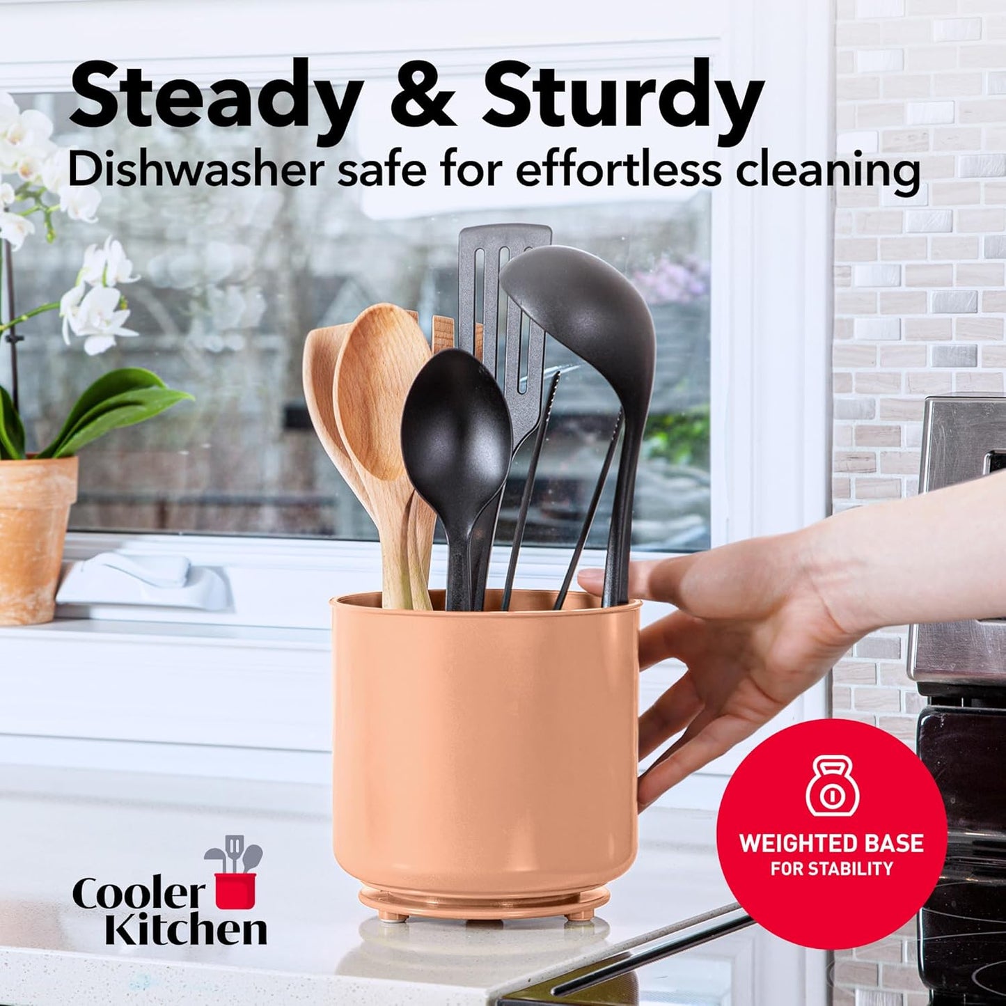 Cooler Kitchen Jumbo Extra Large Sturdy Rotating Black Utensil Holder Caddy with No-Tip Weighted Base, and Gripped Insert - Rust Proof and Dishwasher Safe Kitchen Utensils Holder