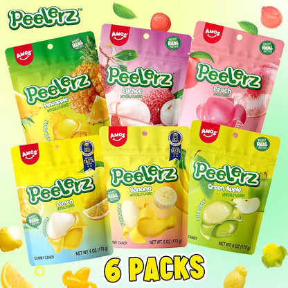 AMOS Peelerz Peelable Gummy Candy Variety Pack, Mango White Peach Banana Green Apple Passion Fruit Lychee, Soft Chewy Fruit Snack, Pack of 6