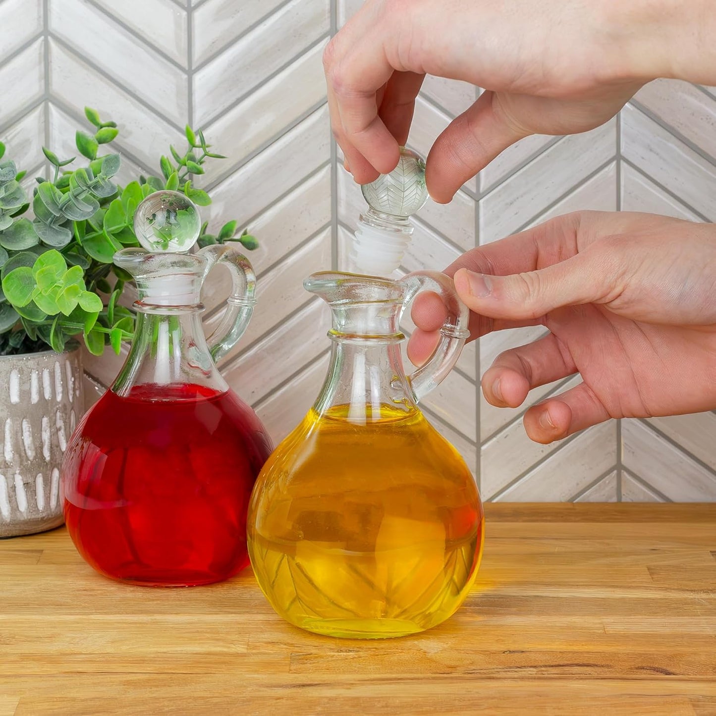 Cornucopia Brands Glass Oil and Vinegar Cruets (Set of 2); 8oz Round Oil Dispensers / Salad Dressing Bottles with Stoppers