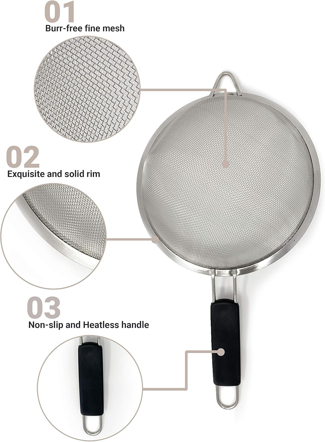 Makerstep Fine Mesh Strainer Set of 3, Stainless Steel 3.38", 5.5", 7.87" Strainers Wire Sieve Sifter with Insulated Handle Strainers for Kitchen Gadgets Tools