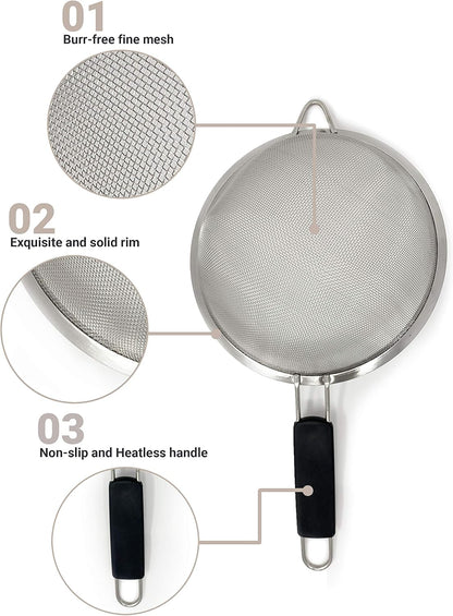 Makerstep Fine Mesh Strainer Set of 3, Stainless Steel 3.38", 5.5", 7.87" Strainers Wire Sieve Sifter with Insulated Handle Strainers for Kitchen Gadgets Tools