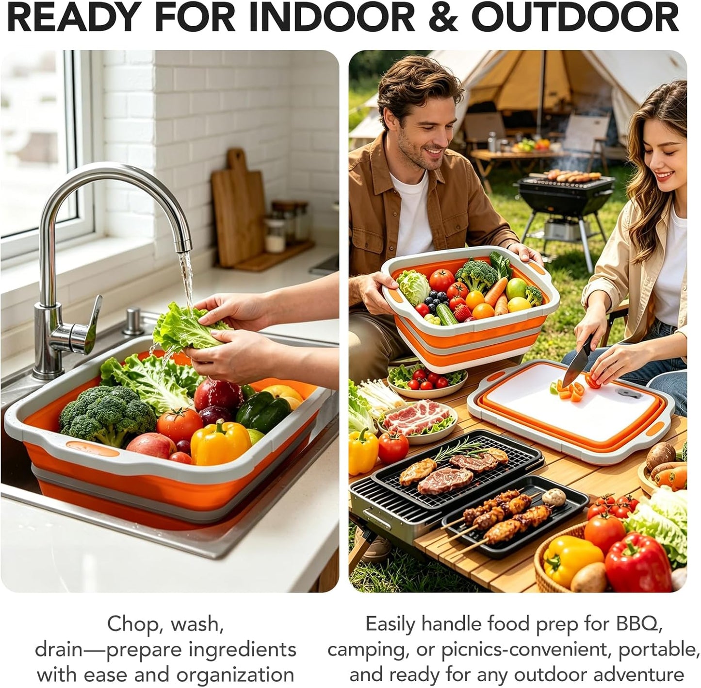 ZYIIXYO Collapsible BBQ Prep Tub with Locking Lid, Collapsible Bucket with Drain Plug, Thickened 3-in-1 Food Prep Tub with Easy Cutting Board, Foldable Camping Sink, 2 Gallons/8L Capacity, Orange
