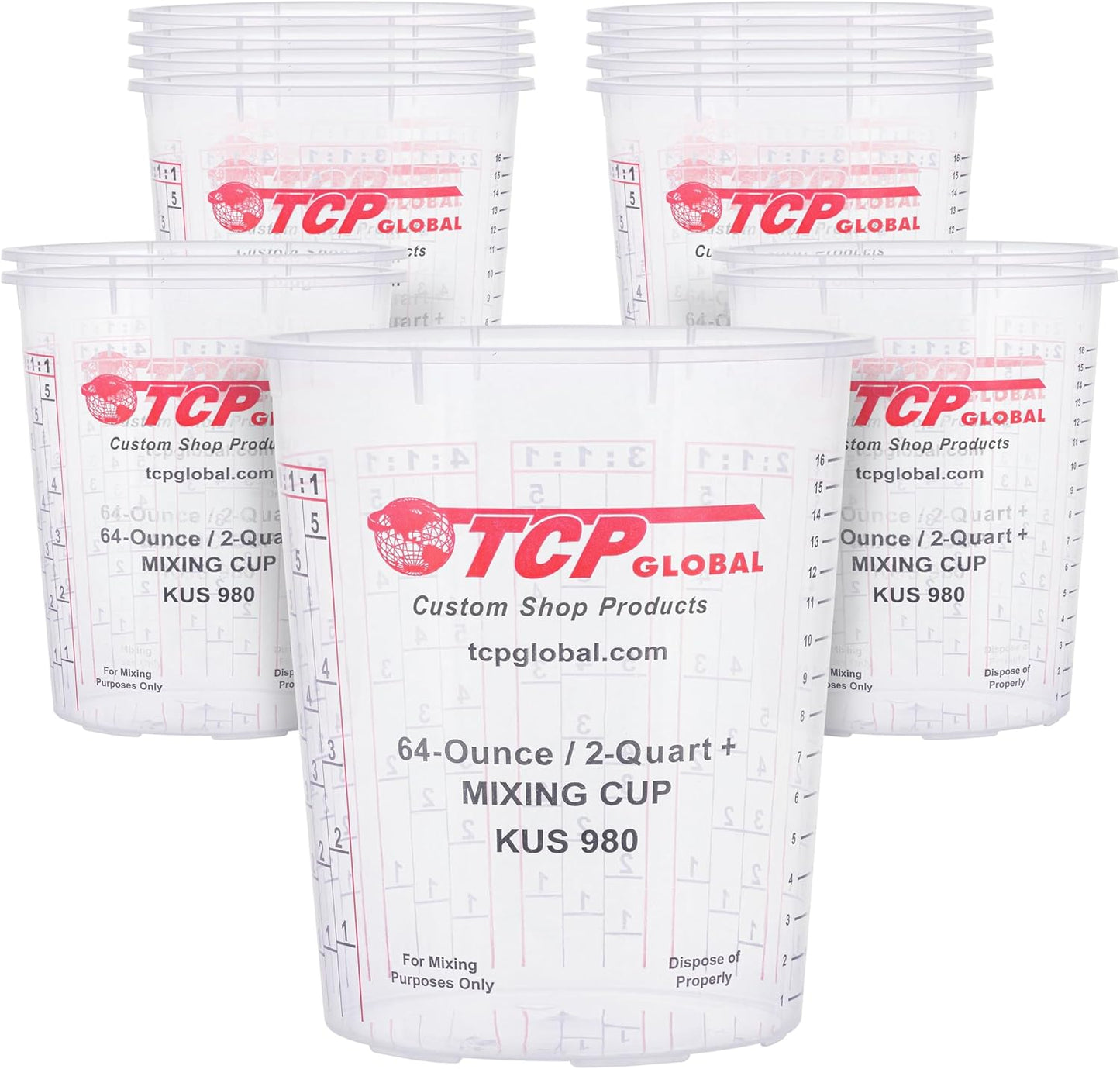 Custom Shop Paint Mixing Cups, 64-Ounce (12 Pack) - Plastic Measuring Cups for Liquids, Automotive Painting, Epoxy Resin, Acrylic Arts, Crafts, Disposable or Reusable, Graduated, Mixing Ratios