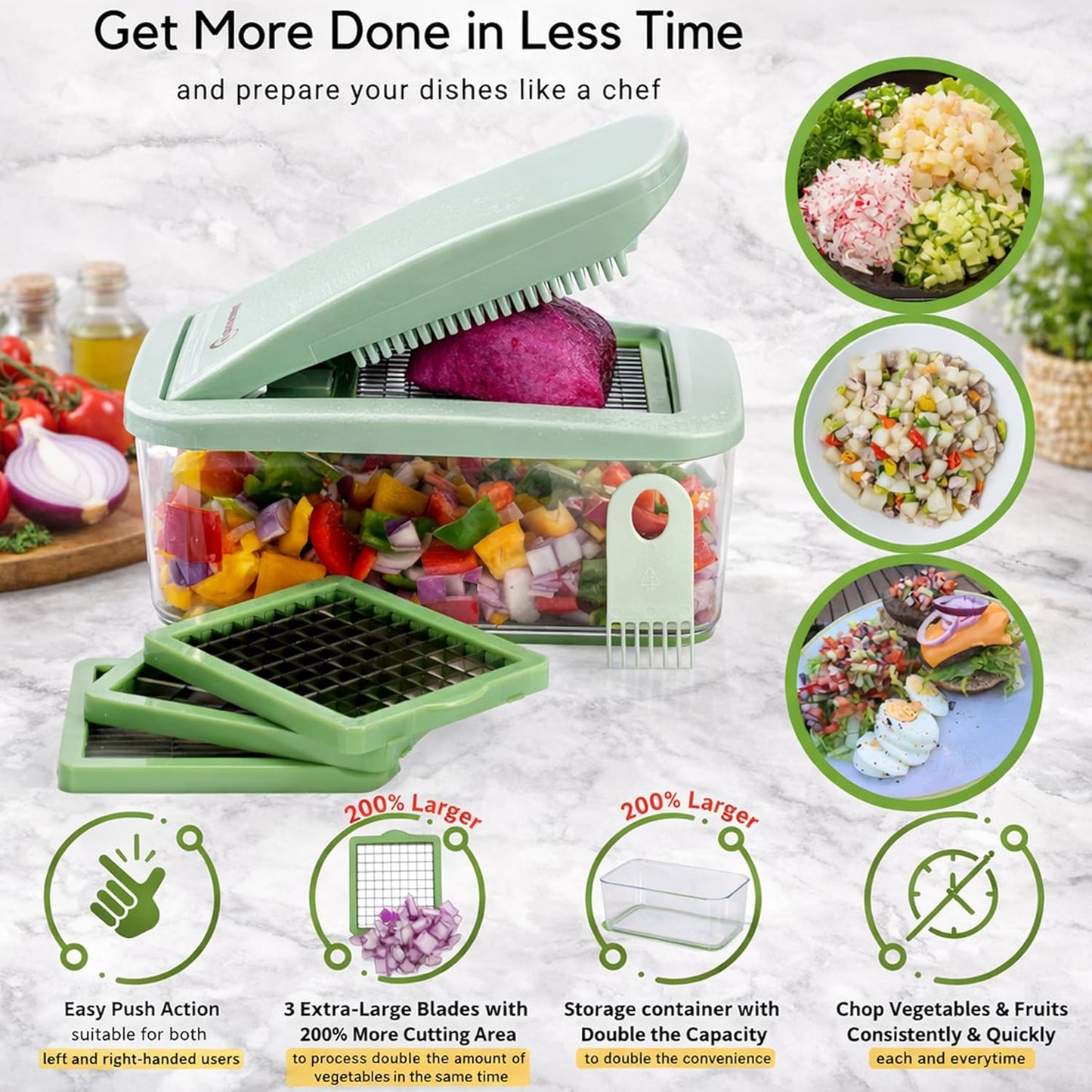 Brieftons QuickPush Food Chopper: Vegetable Dicer Slicer, Onion Cutter, 3 Extra-Large Blades with 200% More Cutting Area to Chop Dice Slice Vegetables, 2.6-Quart Container