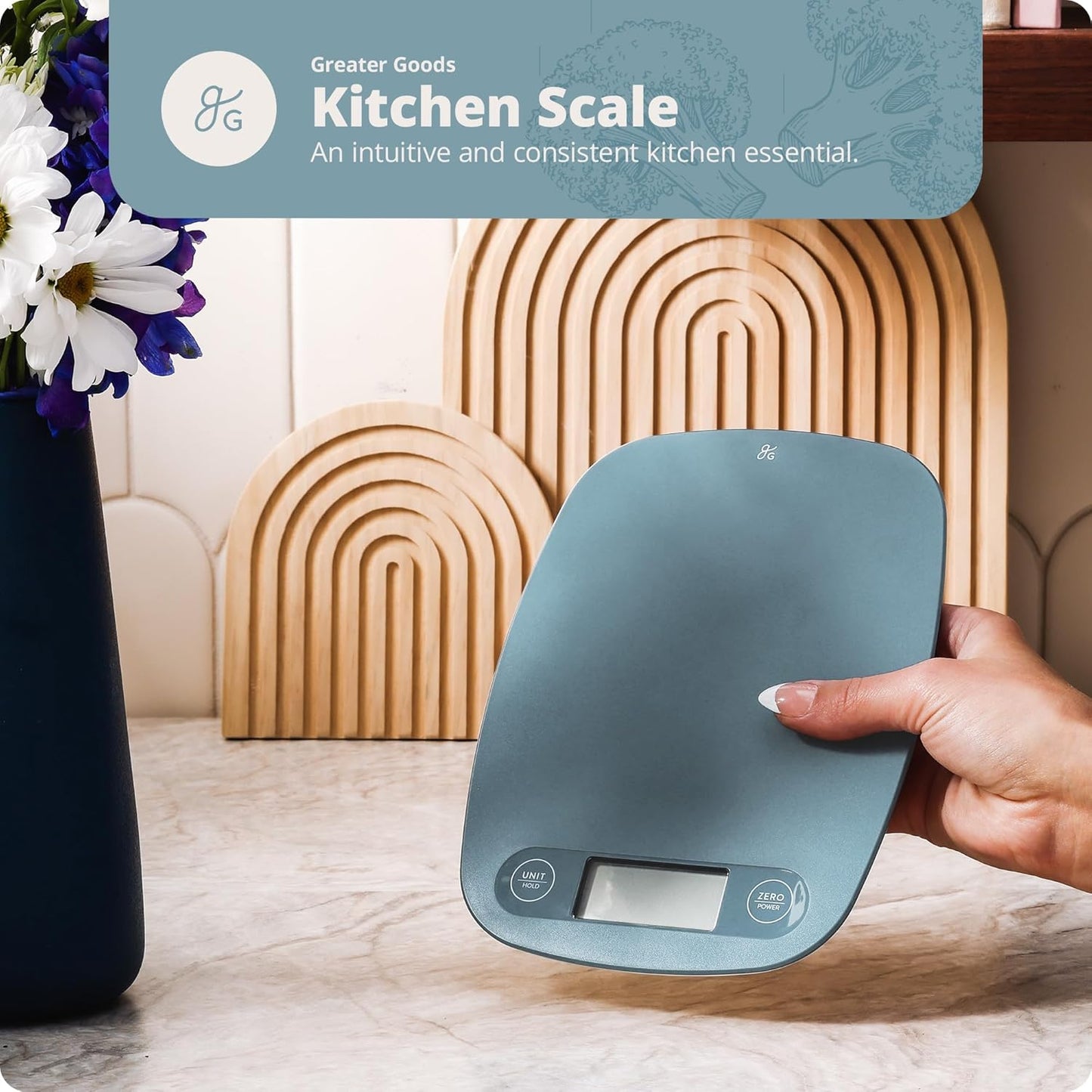 Greater Goods Food Scale – Digital Kitchen Scale, 1g Precision, Easy-Tare & Quick Conversion, Slim Compact Design, Durable & Portable | Ideal for Cooking, Baking & Meal Prep