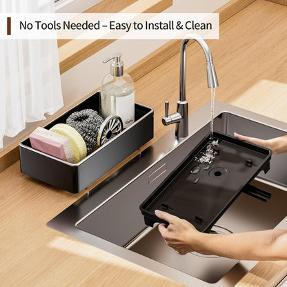 MOUKABAL Sponge Holder for Kitchen Sink – Rustproof Stainless Steel, 360° Rotating Drain Pipe, Large Counter Organizer with Drip Tray for Sponges, Brushes & Dish Cloths Black