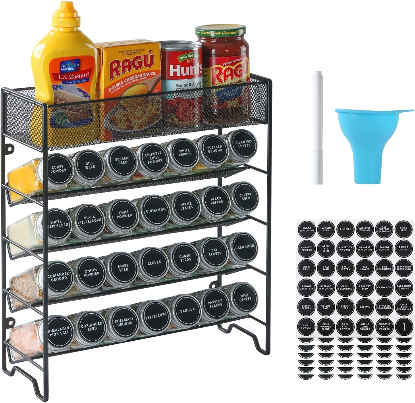 Skiileor Spice Rack Organizer with 28 Spice Jars, Black Lids，Spice Labels, Chalk pen and Funnel Set for Cabinet, Countertop, Pantry, Cupboard or Wall Mount