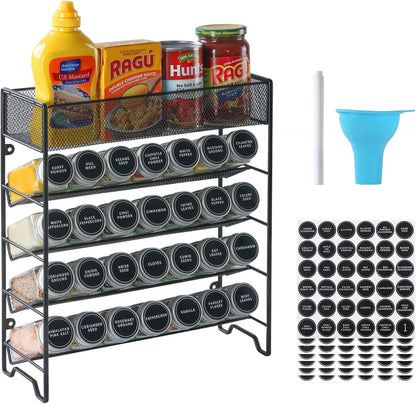 Skiileor Spice Rack Organizer with 28 Spice Jars, Black Lids，Spice Labels, Chalk pen and Funnel Set for Cabinet, Countertop, Pantry, Cupboard or Wall Mount
