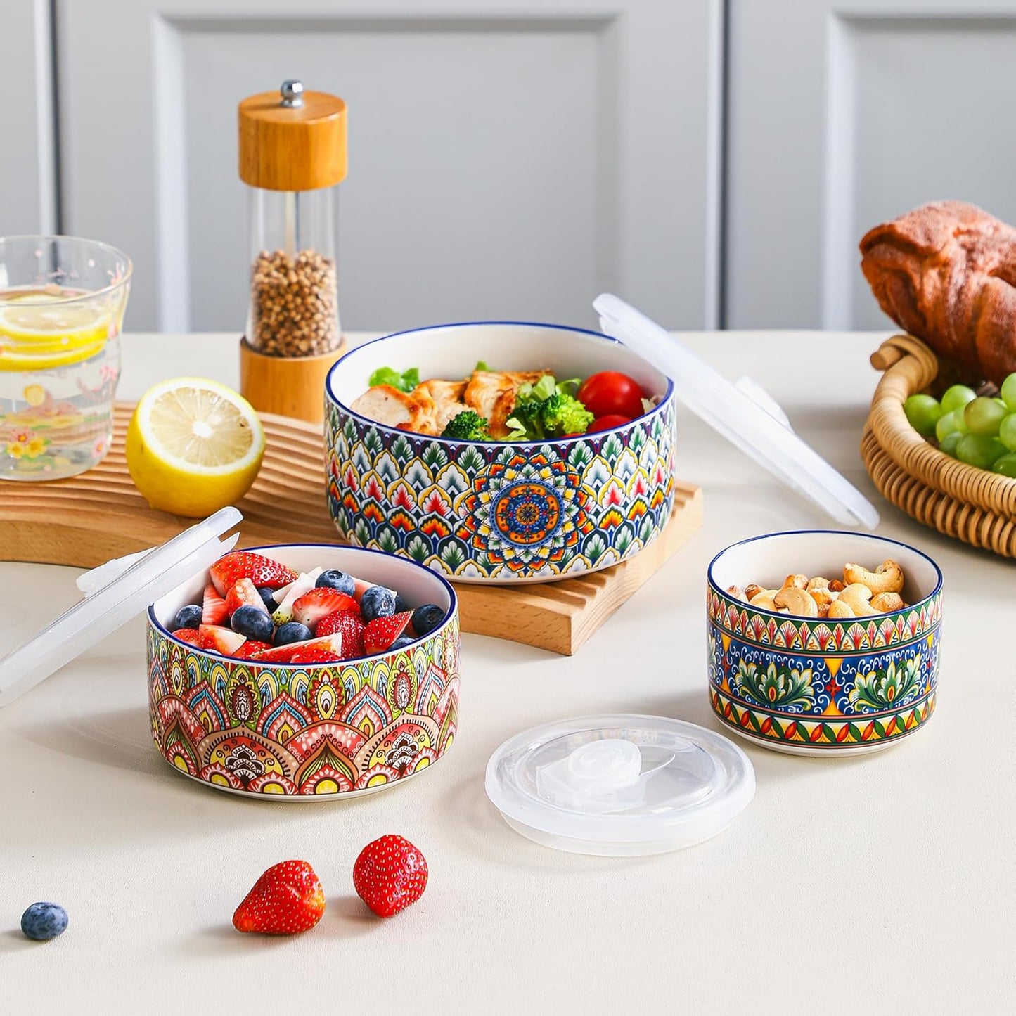 Henten Home Ceramic Serving Bowls with Lid, Colorful Nesting Bowl Set of 3, Porcelain Boho Bowls for Prep, Food Storage, Meals, Microwave & Dishwasher Safe, 10/20/32 oz