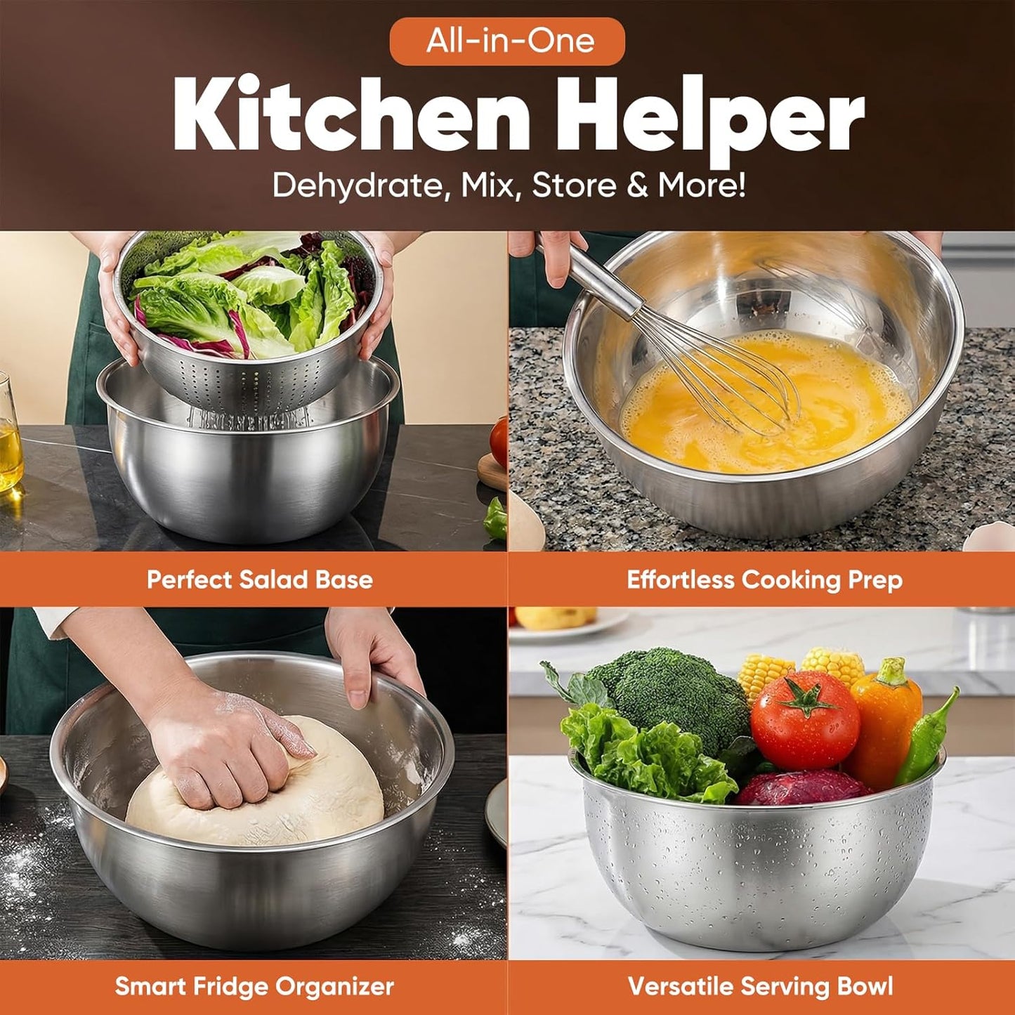 Stainless Steel Salad Spinner & Fruit Washer, 6L Quick-Spin Vegetable Spinner with Drain Lid, Pasta Dryer & 3-Bowl Set, Commercial-Grade Salad Spinner for Kitchen, Easy Clean & Dishwasher Safe