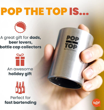 Pop-the-Top Beer Bottle Opener (Stainless): Automatic Bottle Cap Opener, Push Down Pop Off Bar Tool, Soda and Beer Cap Remover, Cool & Fun Gadget