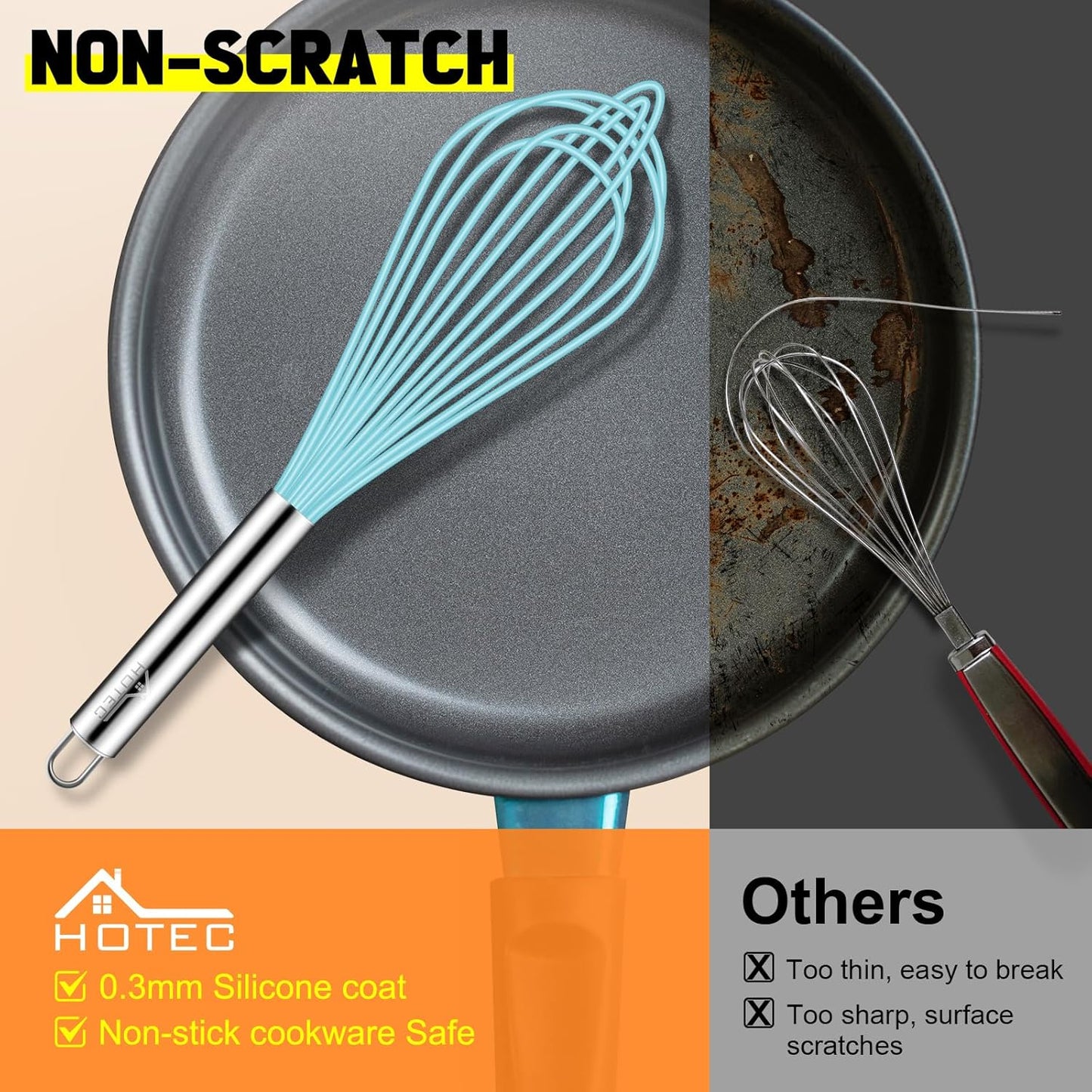 HOTEC 4 Pieces Silicone Whisks Set, Wire Balloon Whisks for cooking Egg Beater, Non-slip Handle Whisk for Non-stick Cookware Perfect for Cooking, Stirring, Beating and Blending (Multicolor)