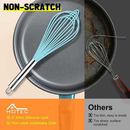 HOTEC 4 Pieces Silicone Whisks Set, Wire Balloon Whisks for cooking Egg Beater, Non-slip Handle Whisk for Non-stick Cookware Perfect for Cooking, Stirring, Beating and Blending (Multicolor)