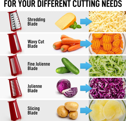 Zulay Kitchen Rotary Cheese Grater 5 Blade Cheese Shredder - Manual Hand Crank Cheese Grater With Reinforced Suction & 5 Interchangeable Drums - Easy to Use, Vegetable Chopper Round Mandoline Slicer - Colors B