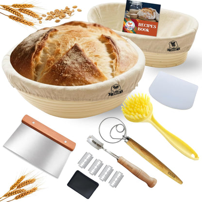 EROIR 13" Danish Dough Whisk Bread Lame Bowl Scraper Set - Dutch Sourdough Whisk Double Eye, Dough Scraper, Bread Scorer with 10 Blades and Leather Cover