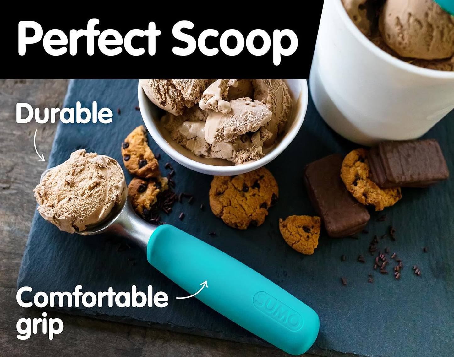 SUMO Stainless Steel Ice Cream Scoop With Ergonomic Handle - Sturdy, Dishwasher-Safe Scooper For Effortless Scooping and Serving Of Frozen Desserts, Comfortable Grip - Blue